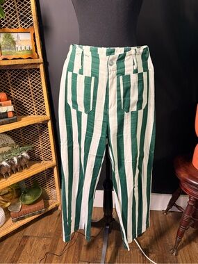 Green and White Vertical Stripe High-Waist Pants